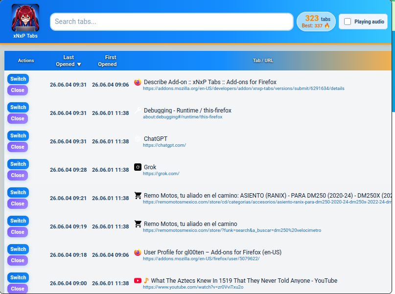 Screenshot of the xNxP tab organizer interface